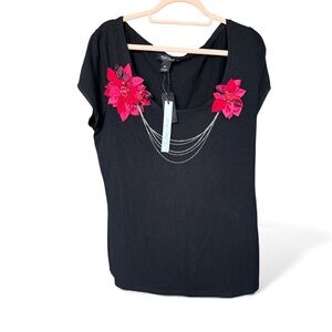 White House Black Market Black Top with Silver Chain Accent and Floral accents